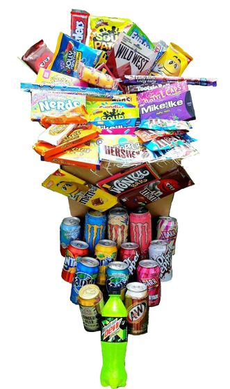 Selection of energy drinks and fizzy sweets